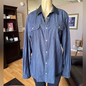 Buffalo David Bitton Denim Shirt with faux leather collar-size L